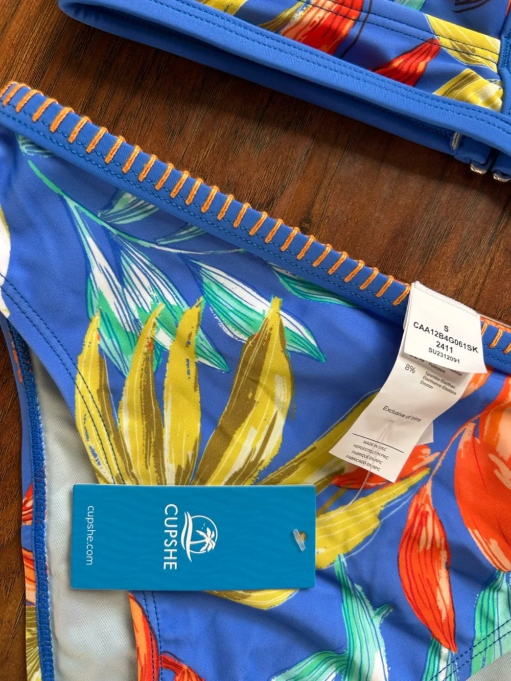 Cupshe Blue Tropical Triangle Bikini Set with Orange & Green Leaf Print - Picture 5 of 10